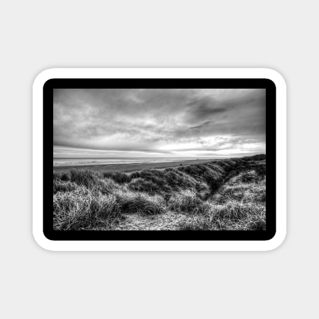 Mablethorpe Sand Dunes, Stormy skies, Black And White Magnet by tommysphotos