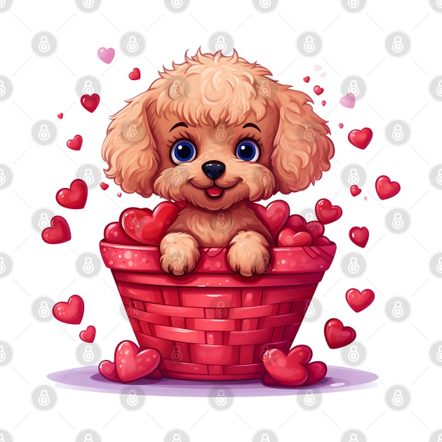 Cartoon Poodle Dog in Hearts Basket by Chromatic Fusion Studio