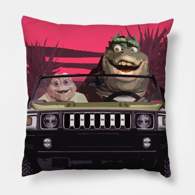 The Sinclair Driving the Boomer-Mobile Pillow by dogeandpepe