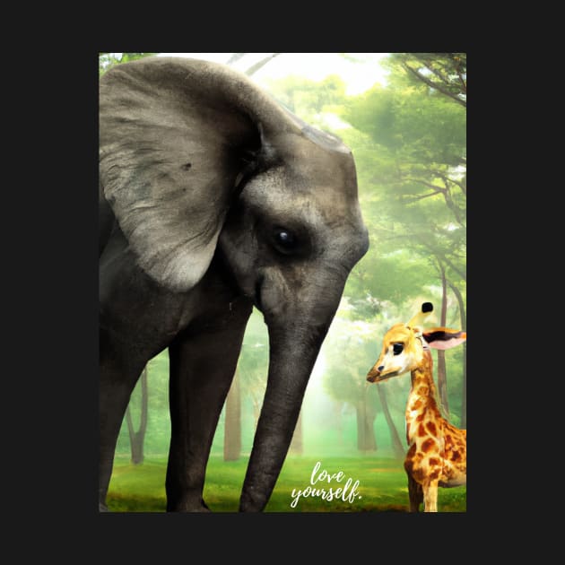 Love Yourself: Motivational Digital Art of an Elephant and Baby Giraffe in the Jungle by Karen Ankh Custom T-Shirts & Accessories