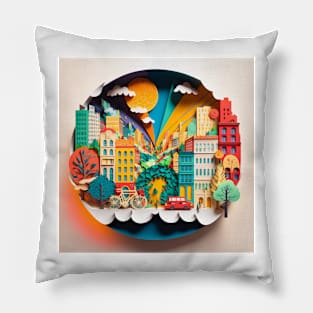 3D Effect Papercut Art - Cityscape Scene Pillow