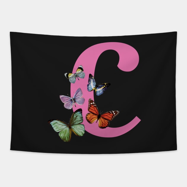 Letter pink C with colorful butterflies Tapestry by ColorsHappiness