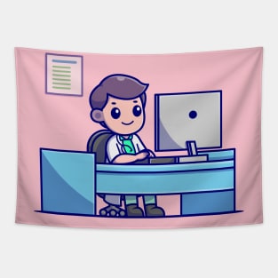 Cute Doctor Working On Computer Cartoon Tapestry