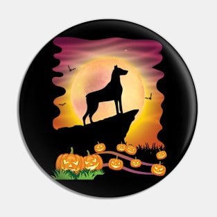 Dobermann Dog On Mountain & Moon Pumpkins Bat Halloween Day Pin