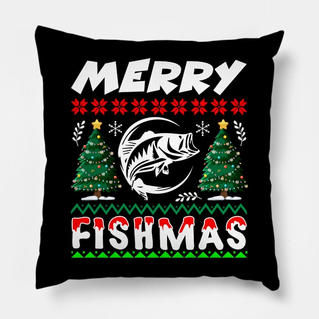 Merry Fishmas T-Shirt Design Pillow by Shuvo Design