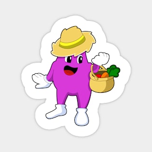 Eggplant as Farmer with Carrot Magnet