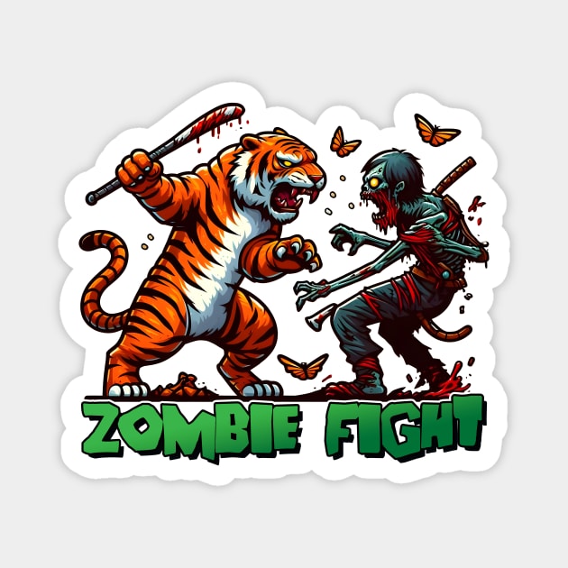 Tiger vs Zombie Fight Magnet by Rawlifegraphic