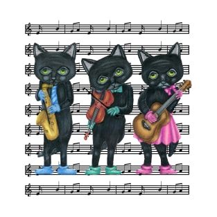 Three Black Cats Playing Musical Instruments on Sheet Music T-Shirt