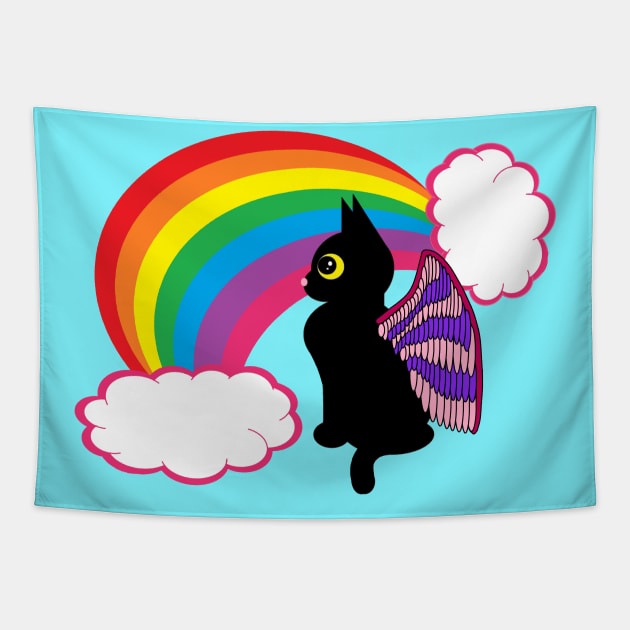 Black kitty with rainbow Tapestry by MelanieJeyakkumar