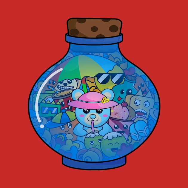 Cute doodle monster beach party in a bottle by Zephin's