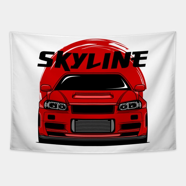 Red Skyline R34 Tapestry by GoldenTuners