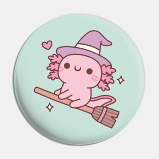 Cute Axolotl Witch Flying On A Broom Pin