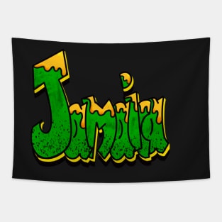 Jamaicans Graffiti drips typography Reggae Rasta Ska Rocksteady dub band Vintage Retro rustic with Jamaican flag colours colors Jamaica Tapestry