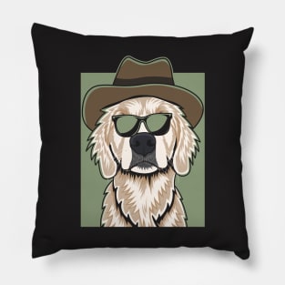 Cream Golden Retriever Wearing A Cowboy Hat And Glasses Pillow