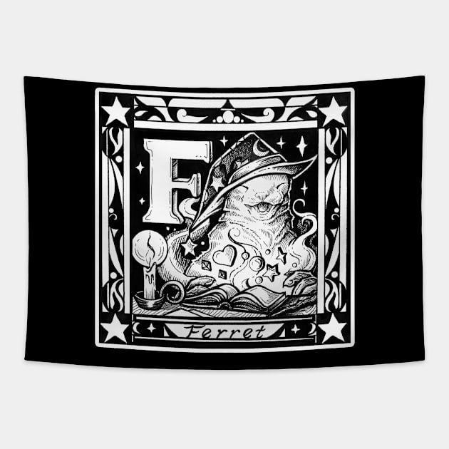 F is For Ferret - White Outline Design Tapestry by Nat Ewert Art