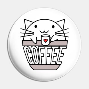 Cat in coffee cup with warped text holding coffee cup with heart Pin