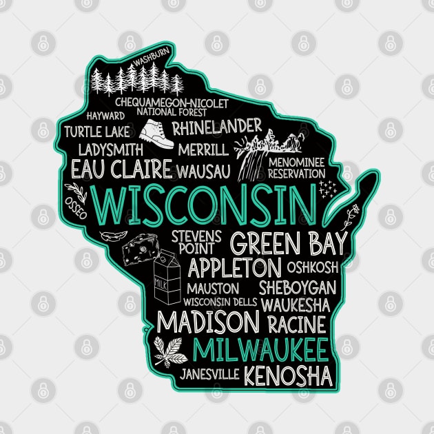 Milwaukee Wisconsin cute map, Osseo, Green Bay, Kenosha, Racine, Appleton, Waukesha, Eau Claire, Oshkosh, Janesville by BoogieCreates