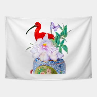 Red ibis and chinoiserie jar Tapestry