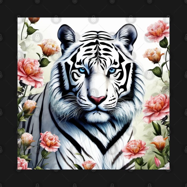 White Tiger with Flowers, Colorful, Beautiful by BirdsnStuff