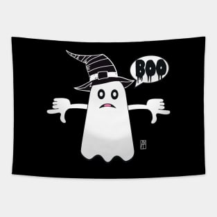 An unhappy ghost in a hat is saying BOO! Ghost Of Disapproval Tapestry