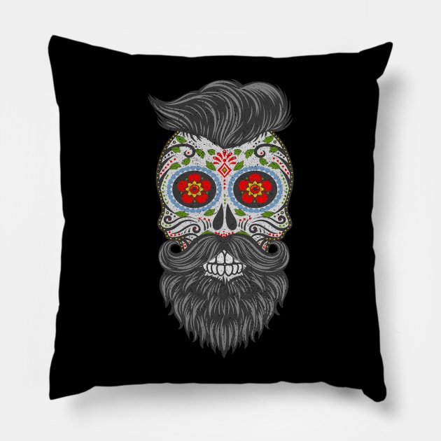 Gothic Day Of The Dead - Stars Sugar Skull - Hipster With Beard 2 Pillow by EDDArt