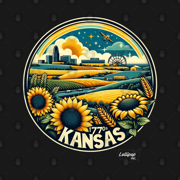 Kansas Gold: Sunflower & Prairie Charm - American Vintage Retro style USA State by LollipopINC