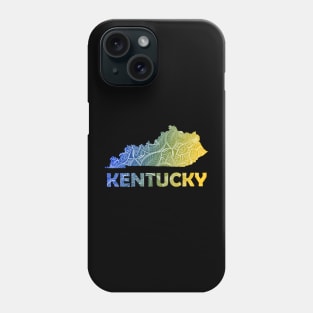 Colorful mandala art map of Kentucky with text in blue and yellow Phone Case
