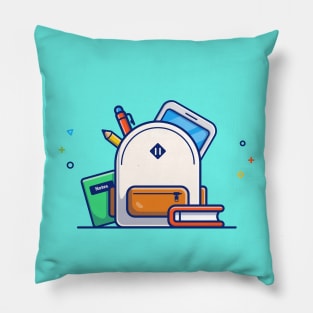 Backpack, Book, Notes, pencil, Pen And Tablet Cartoon Pillow