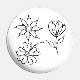 Golden Glitter Doodle Flowers (Black) Pin