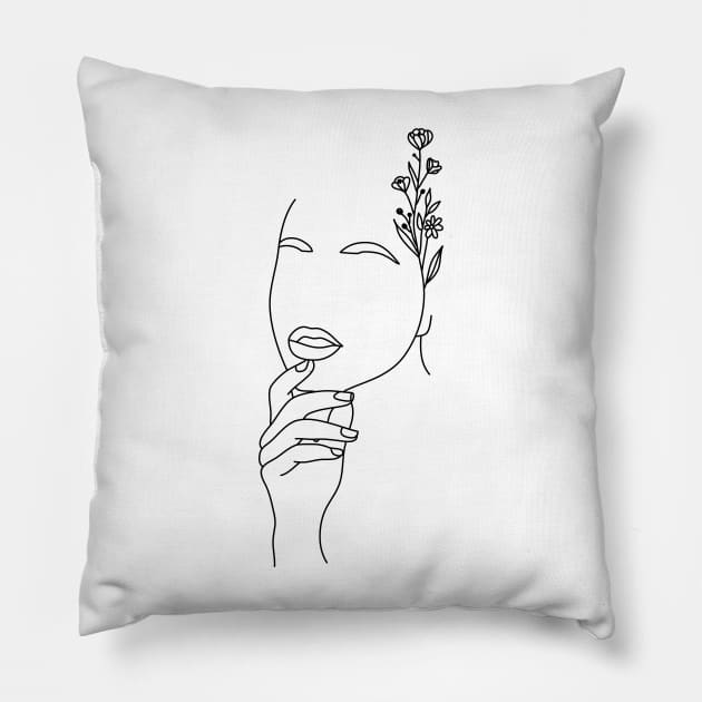 Simple woman's Face Flower Ear Pillow by MinimalLineARt