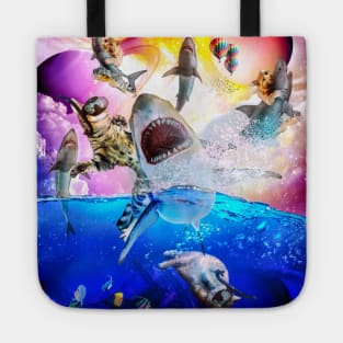 Rainbow Galaxy Cat Riding Shark In Space Tote