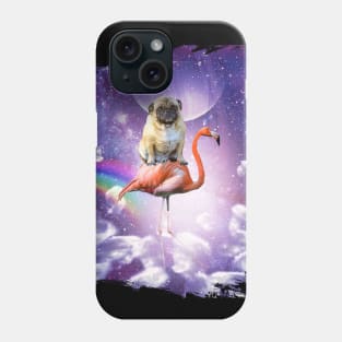 Pug Riding Flamingo In Space - Rainbow Phone Case