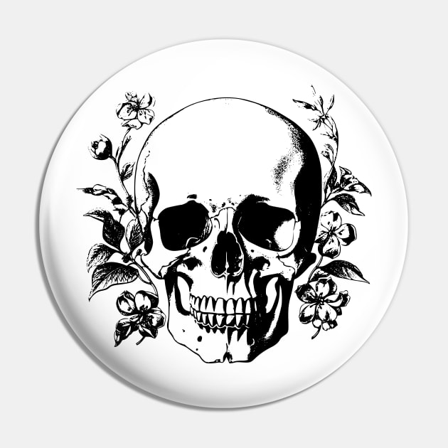 Vintage Black and White Human Skull with Leaves and Flowers Pin by Danielleroyer