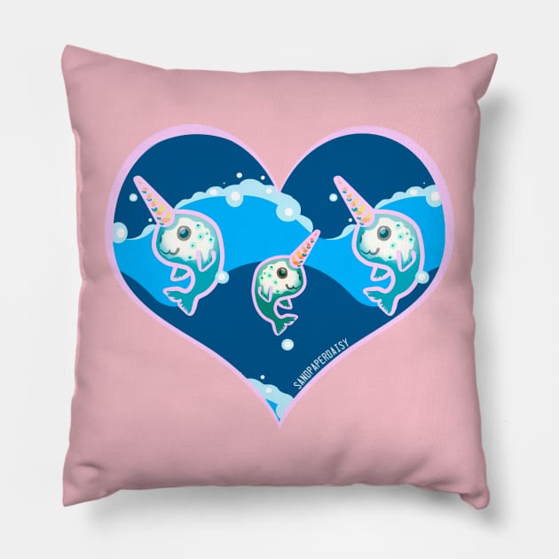 Narwhal heart unicorn pretty cute pink and blue ocean whale waves fish beachcore anime Pillow by sandpaperdaisy