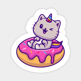 Cat Unicorn With Doughnut Cartoon Vector Icon Illustration Magnet