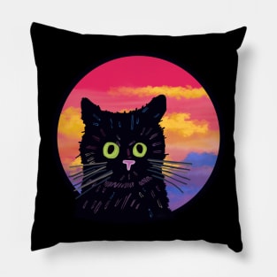 Upset Cat in front of Sunset Pillow