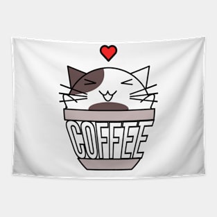 Happy cat in coffee cup with warped text heart on head brown Tapestry