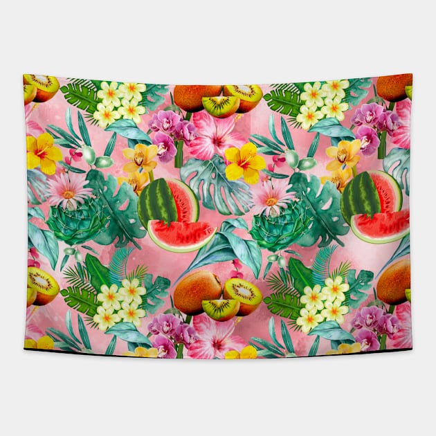 Vibrant tropical leaves pattern, watermelon illustration, tropical plants, pink colorful tropical fruits Tapestry by Zeinab taha