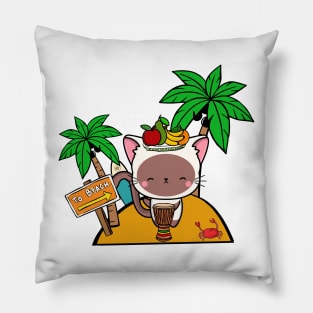 Funny white cat is on a deserted island Pillow