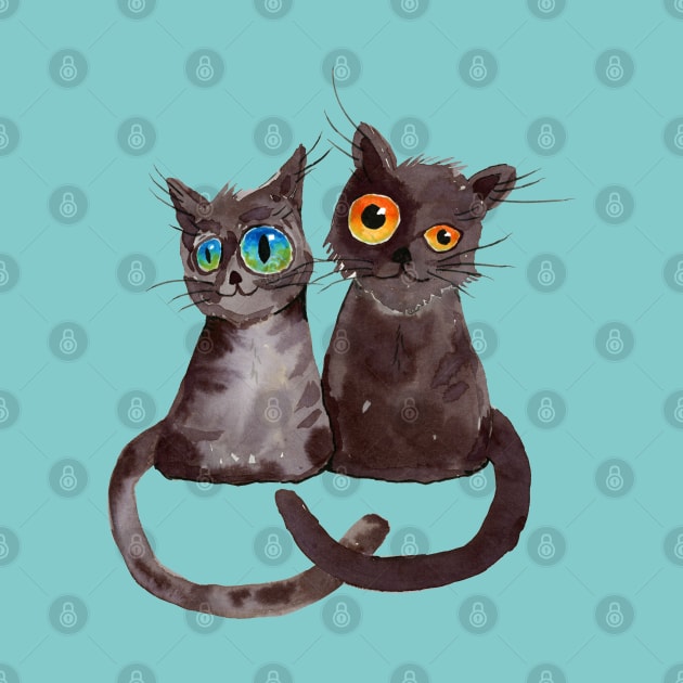 Two dark gray cats watercolor by Bwiselizzy