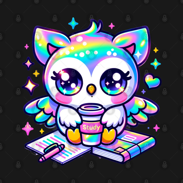 Kawaii Holographic Owl with Coffee and Study Notes by Lavender Celeste