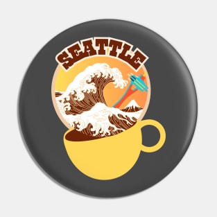 Seattle. Great Wave of Coffee in a Yellow Cup Pin