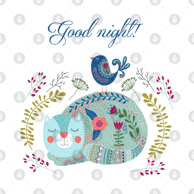 good night cute cat flower by Mako Design 