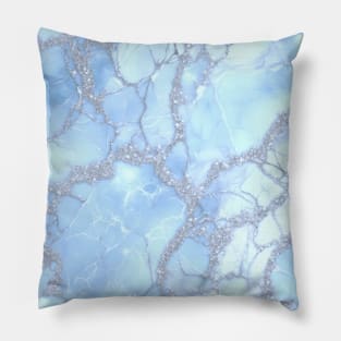 Icy Blue Marble With Silver Glitter Pillow