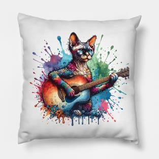 Devon Rex Cat Playing Guitar Pillow