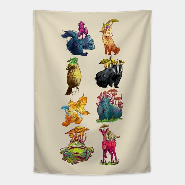 Mushroom Animals Tapestry by Manfish Inc.