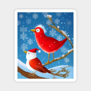 Christmas Funny Red Birds Closeup on a Snowy Branch Magnet