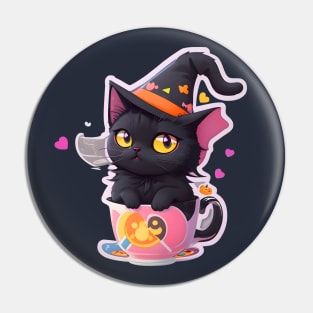 A Cute Black Cat With a Witch Hat Pin