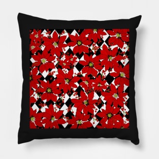 HARLEQUIN AND POINSETTIAS IN BLACK AND WHITE AND RED Pillow