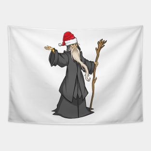 Funny Christmas Holiday Santa Hat-Wearing Magical Wizard Tapestry